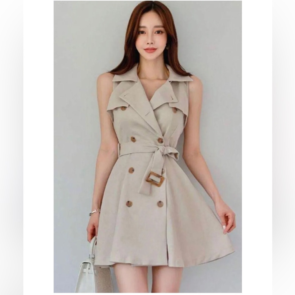 Double Breasted Belted Sleeveless Beige Trench Dress from Shein